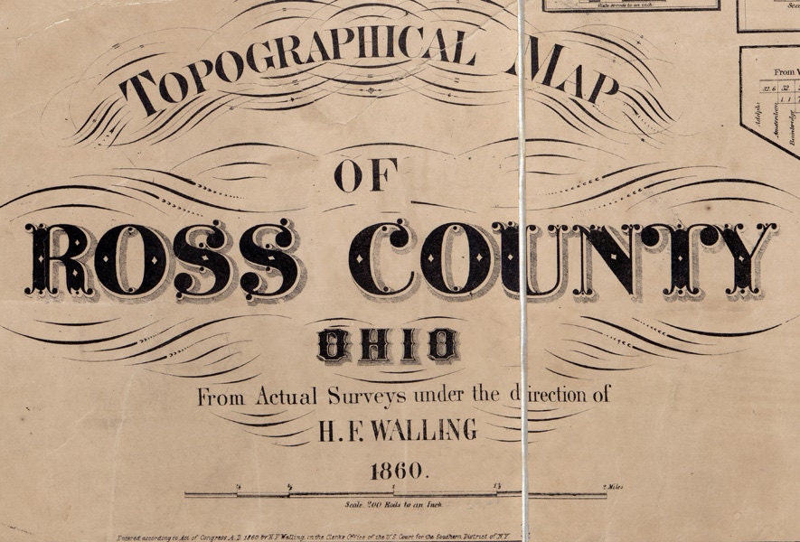 1860 Farm Line Map of Ross County Ohio Bainbridge Chillicothe