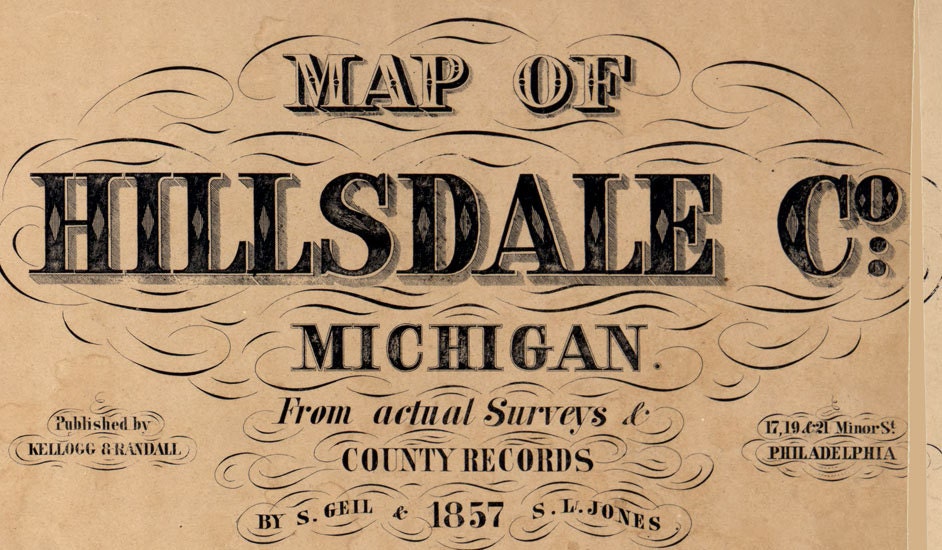 1857 Farm Line Map of Hillsdale County Michigan Jonesville Hillsdale Village