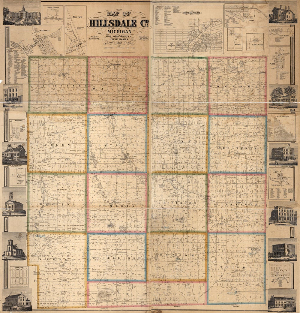 1857 Farm Line Map of Hillsdale County Michigan Jonesville Hillsdale Village