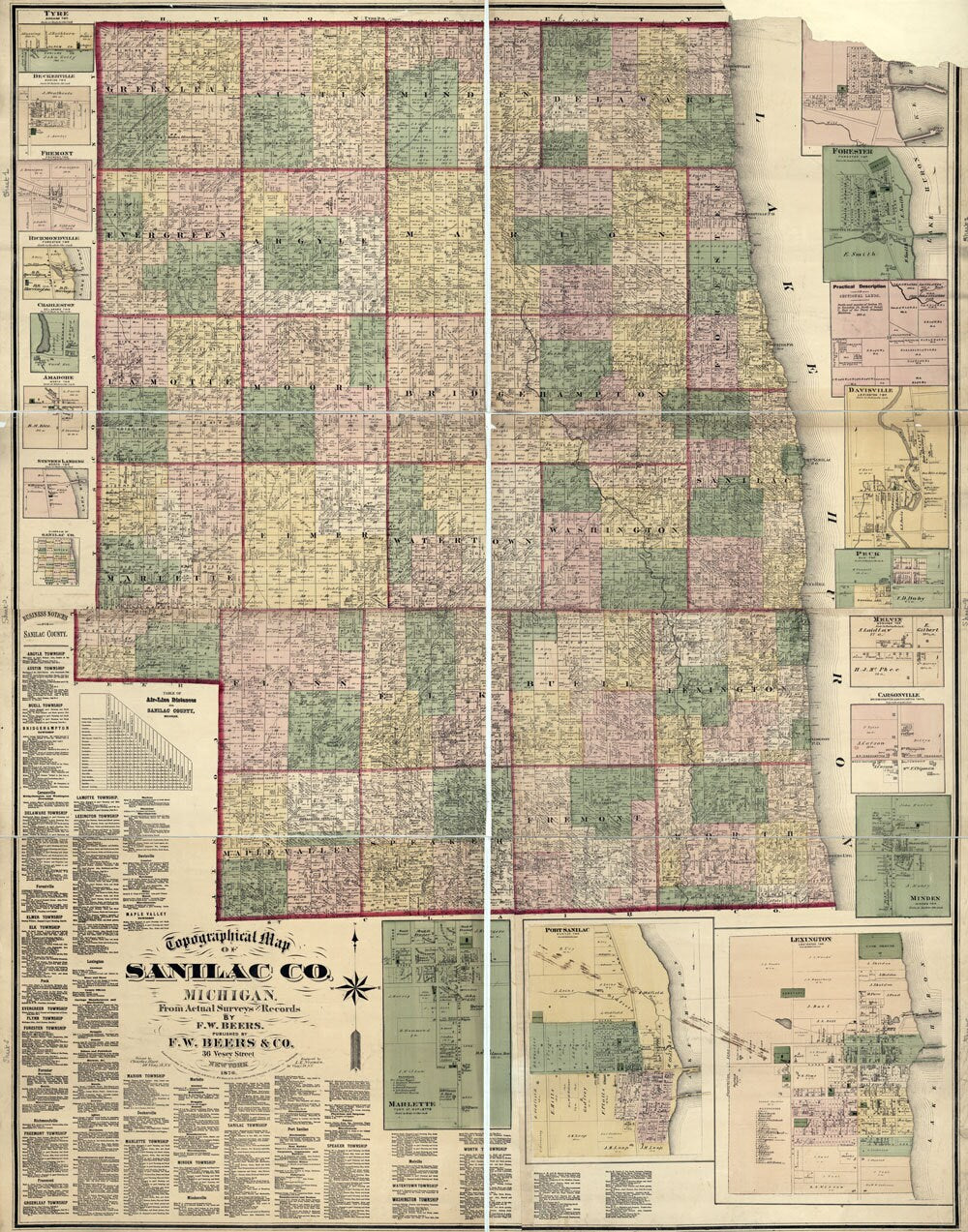 1876 Farm Line Map of Sanilac County Michigan Port Sanilac Lexington