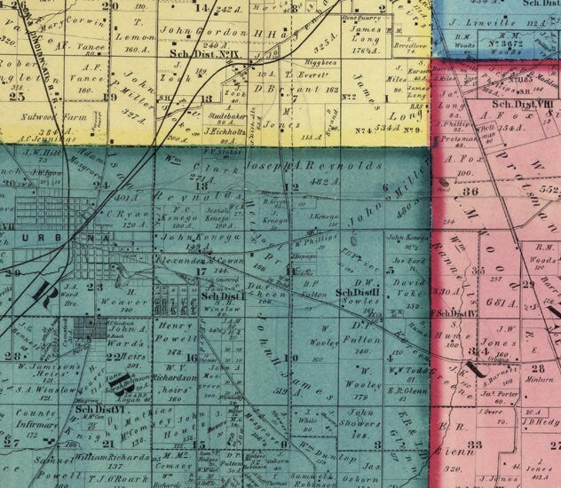 1858 Farm Line Map of Champaign County Ohio Urbana