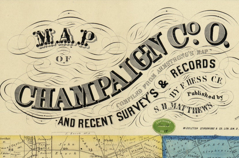 1858 Farm Line Map of Champaign County Ohio Urbana