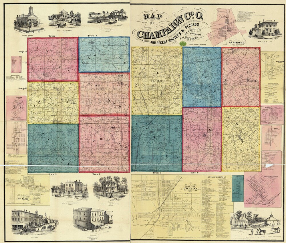 1858 Farm Line Map of Champaign County Ohio Urbana