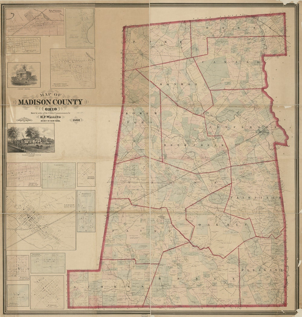 1862 Farm Line Map of Madison County Ohio West Jefferson