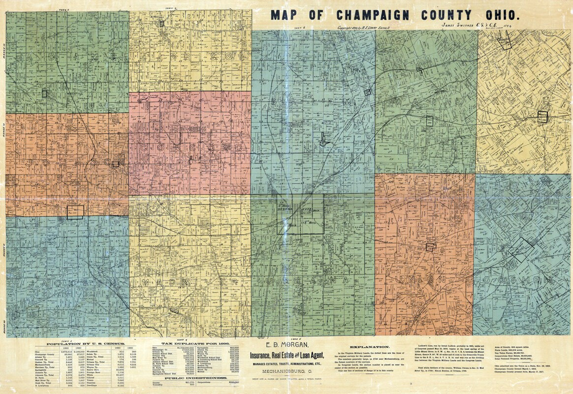 1894 Farm Line Map of Champaign County Ohio Urbana City