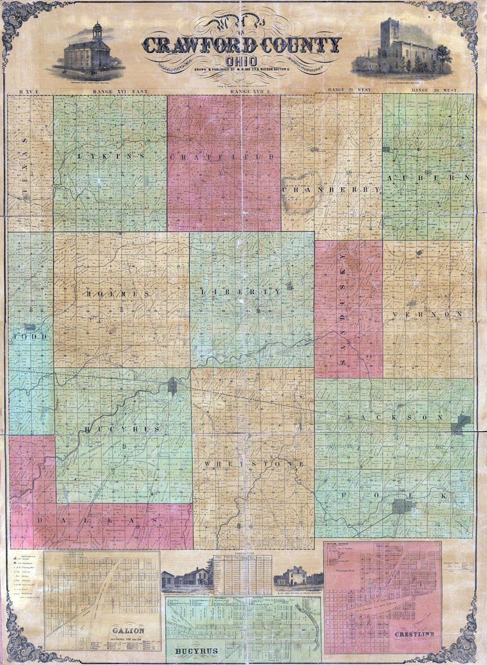1850 Farm Line Map of Crawford County Ohio Galion Bucyrus