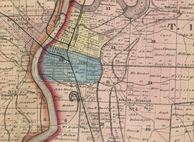 1855 Farm Line Map of Butler County Ohio Oxford Rossville