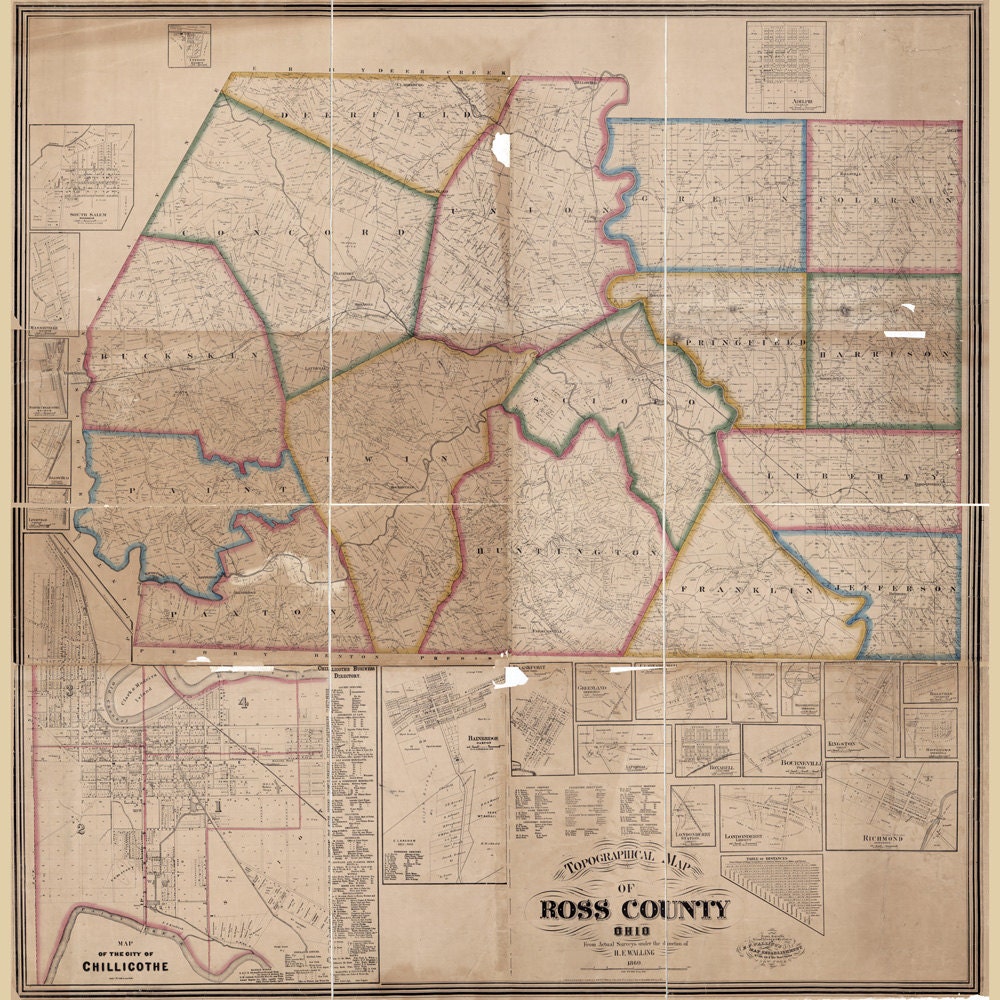 1860 Farm Line Map of Ross County Ohio Bainbridge Chillicothe