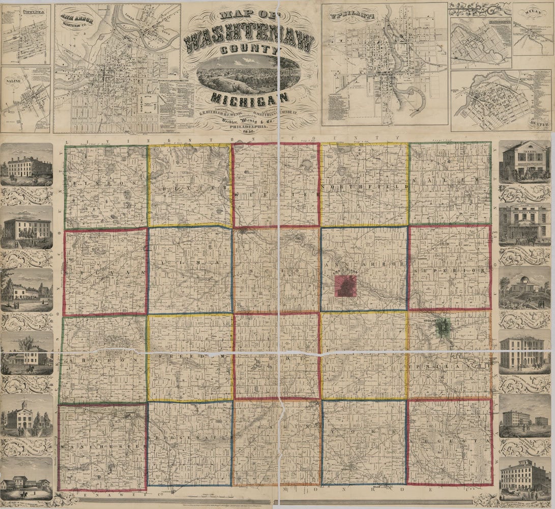 1856 Farm Line Map of Washtenaw County Michigan Ann Arbor