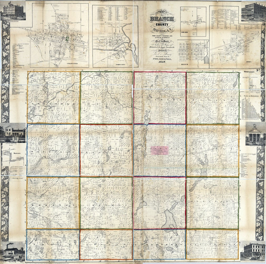 1858 Farm Line Map of Branch County Michigan Coldwater