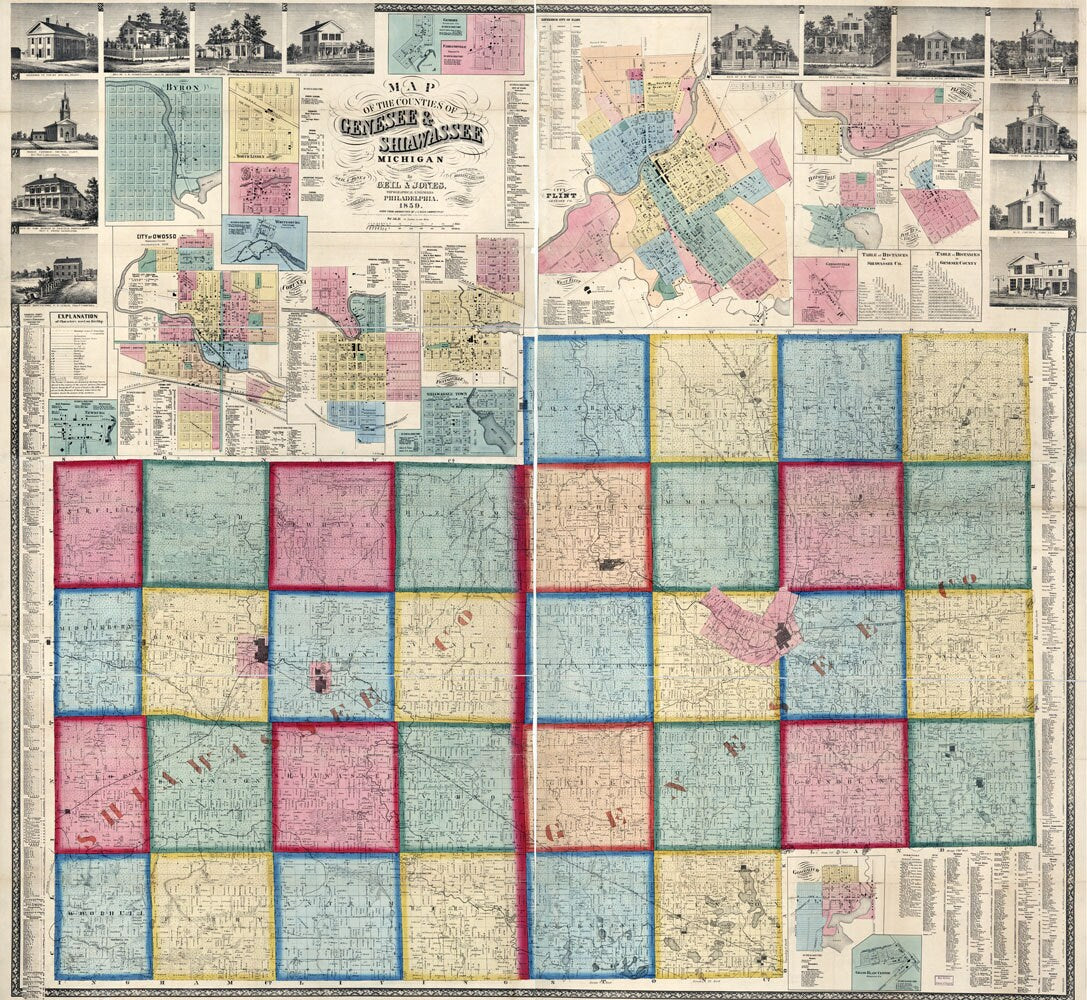 1859 Map of Genesee and Shiawassee County Michigan City of Owosso Flint City