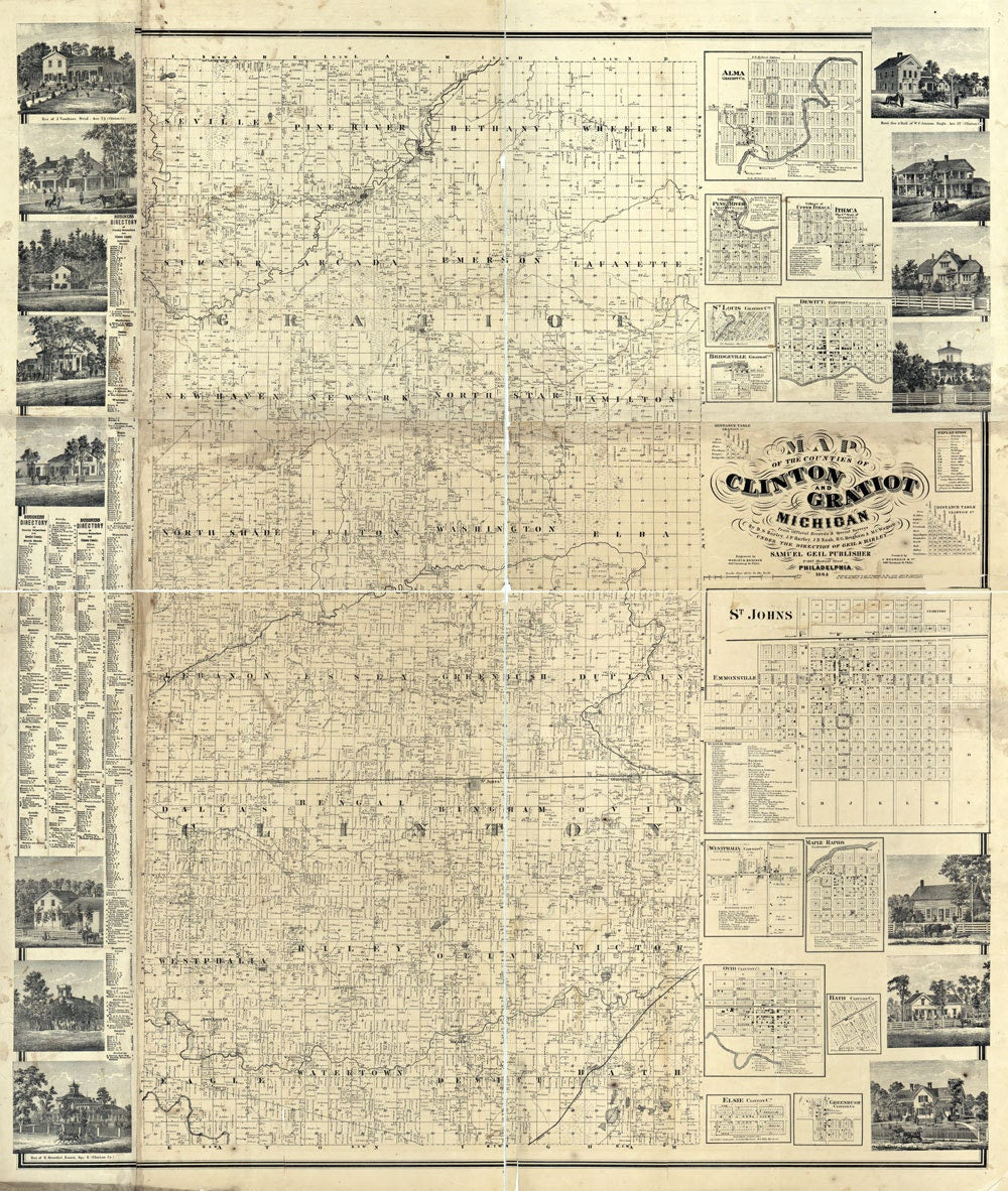 1864 Map of Clinton and Gratiot County Michigan