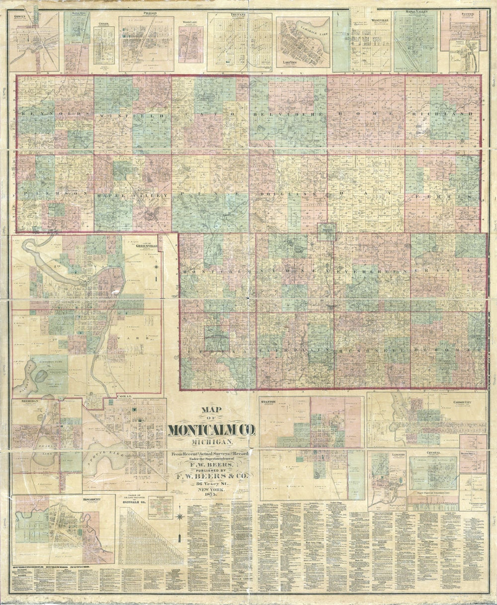 1875 Farm Line Map of Montcalm County Michigan Greenville