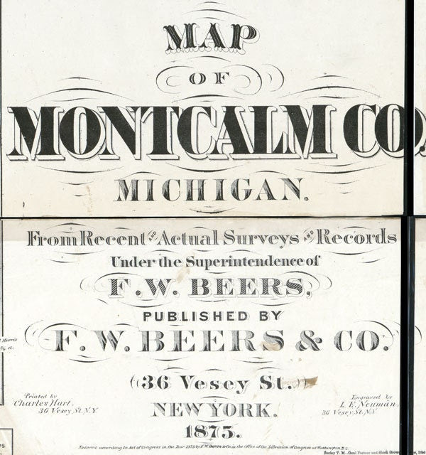 1875 Farm Line Map of Montcalm County Michigan Greenville Research Map