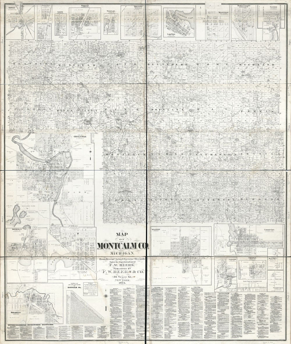 1875 Farm Line Map of Montcalm County Michigan Greenville Research Map