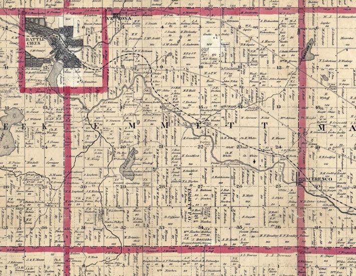 1858 Farm Line Map of Calhoun County Michigan Battle Creek Marshall