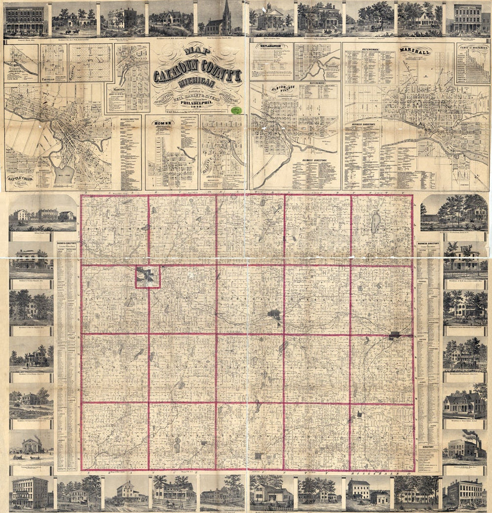 1858 Farm Line Map of Calhoun County Michigan Battle Creek Marshall