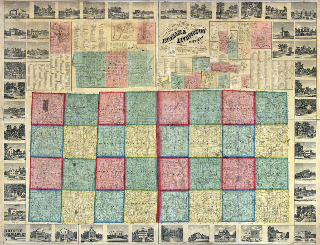 1859 Map of Ingham & Livingston County Michigan Lansing