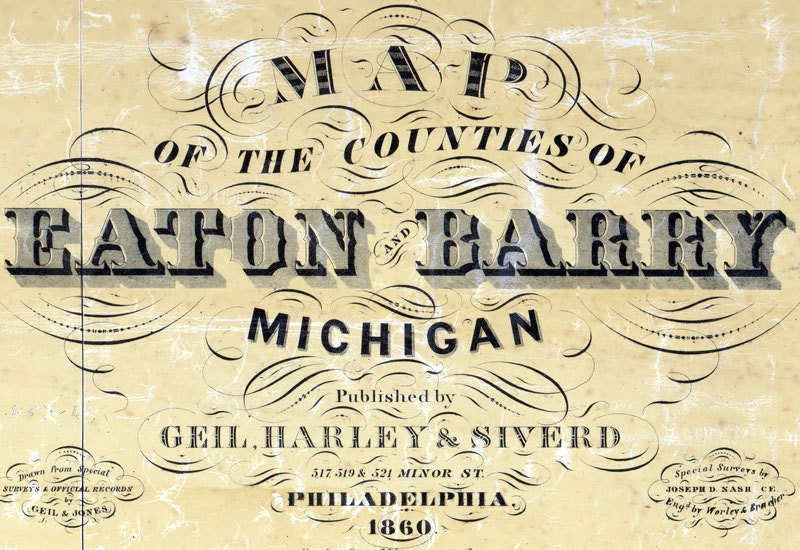 1860 Farm Line Map of Eaton and Barry County Michigan Hastings