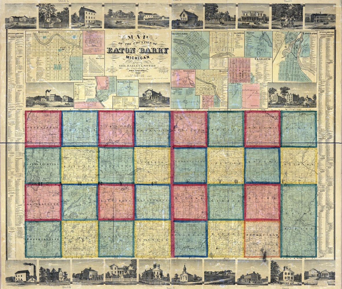 1860 Farm Line Map of Eaton and Barry County Michigan Hastings