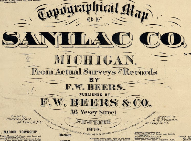 1876 Farm Line Map of Sanilac County Michigan Port Sanilac Lexington