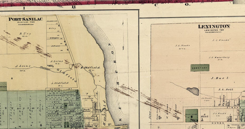 1876 Farm Line Map of Sanilac County Michigan Port Sanilac Lexington