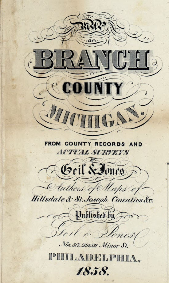 1858 Farm Line Map of Branch County Michigan Coldwater