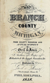 1858 Farm Line Map of Branch County Michigan Coldwater