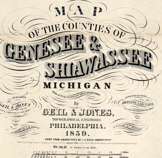 1859 Map of Genesee and Shiawassee County Michigan City of Owosso Flint City