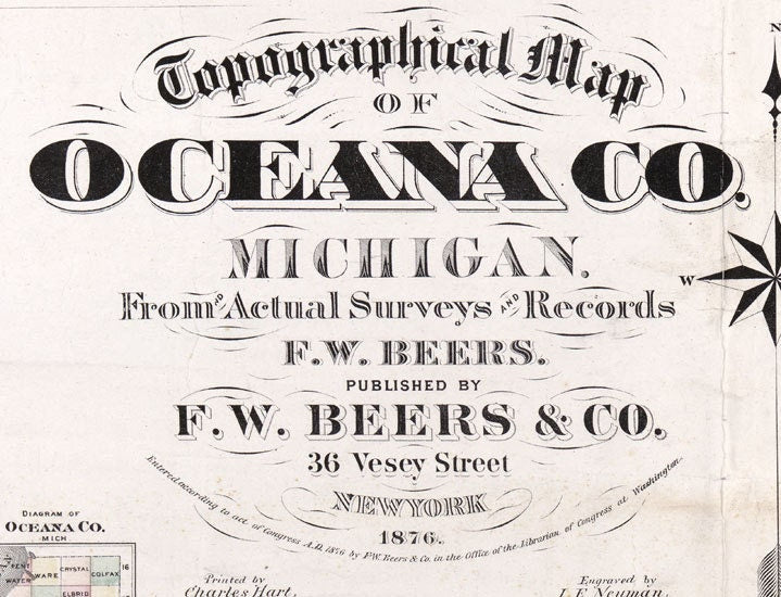 1876 Farm Line Map of Oceana County Michigan Barnett Hart Pentwater