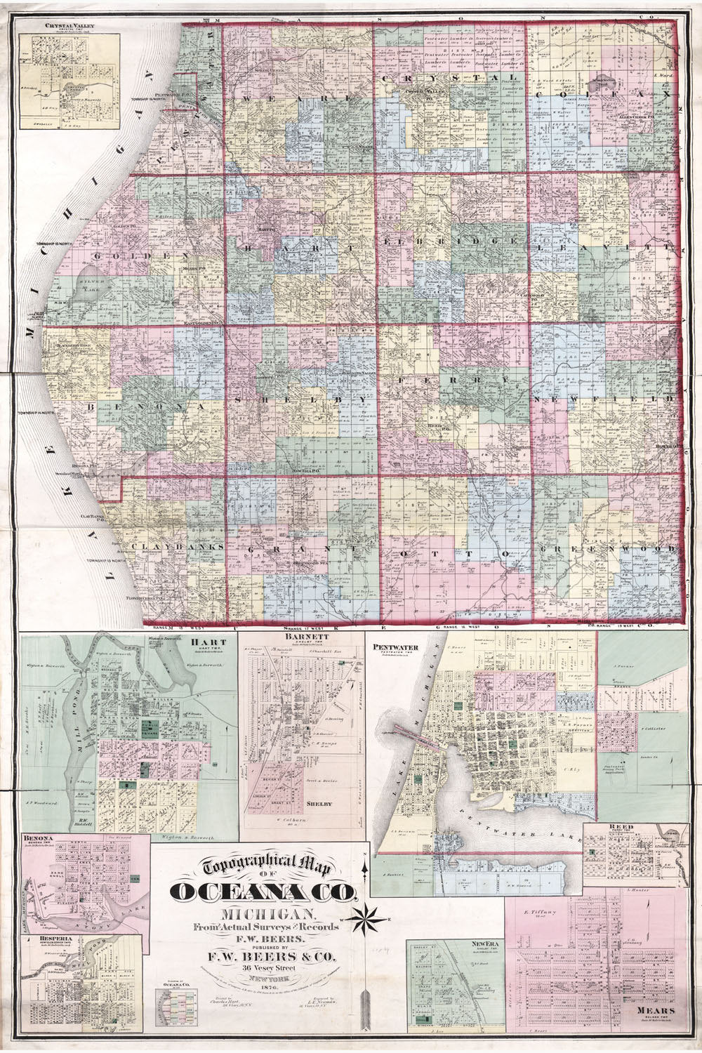 1876 Farm Line Map of Oceana County Michigan Barnett Hart Pentwater