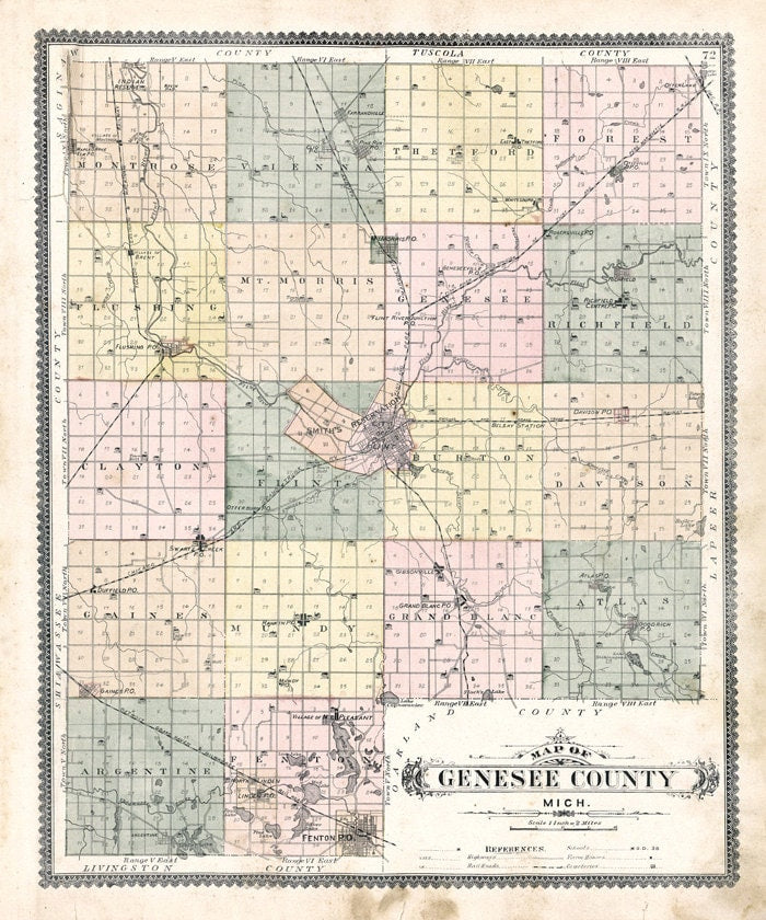 1889 Map of Genesee County Michigan Historical Cemeteries Schools Genealogy