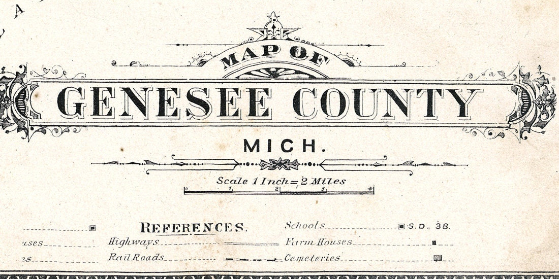 1889 Map of Genesee County Michigan Historical Cemeteries Schools Genealogy
