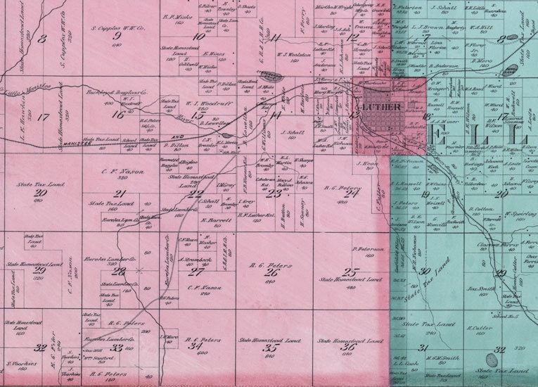 1900 Farm Line Map of Lake County Michigan Luther