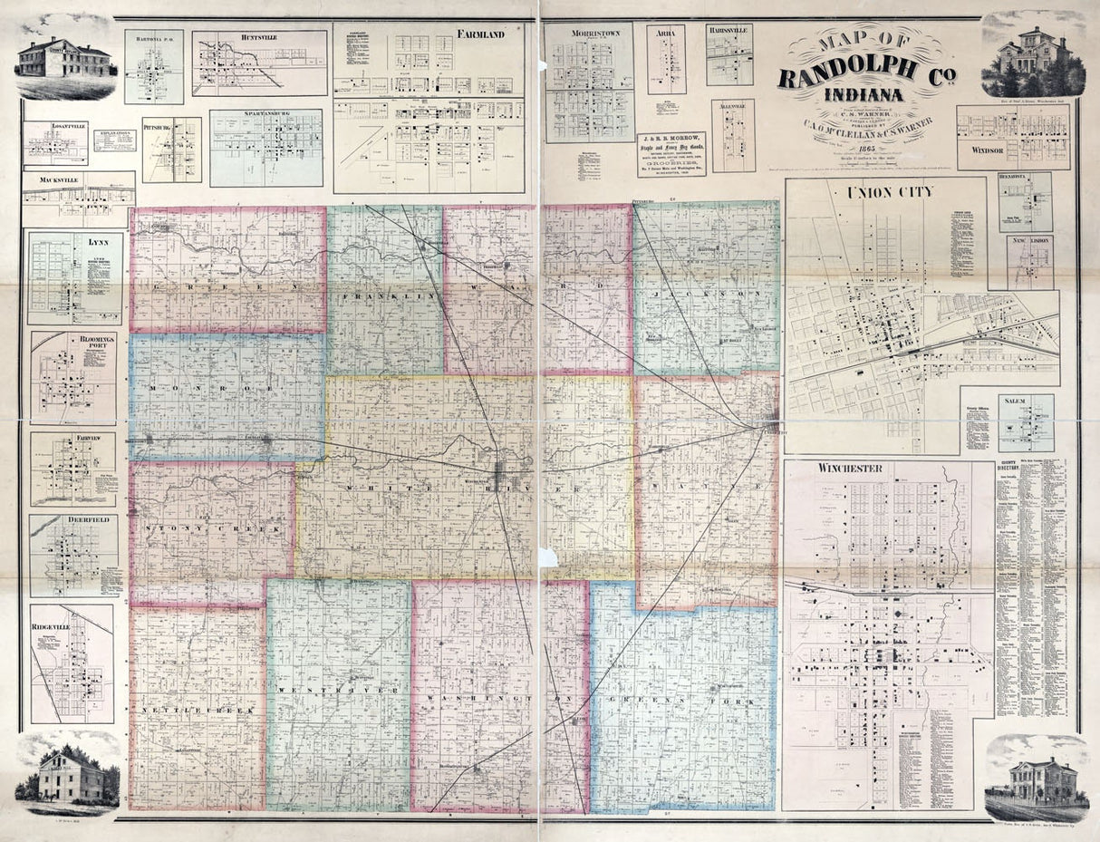 1865 Farm Line Map of Randolph County Indiana Winchester