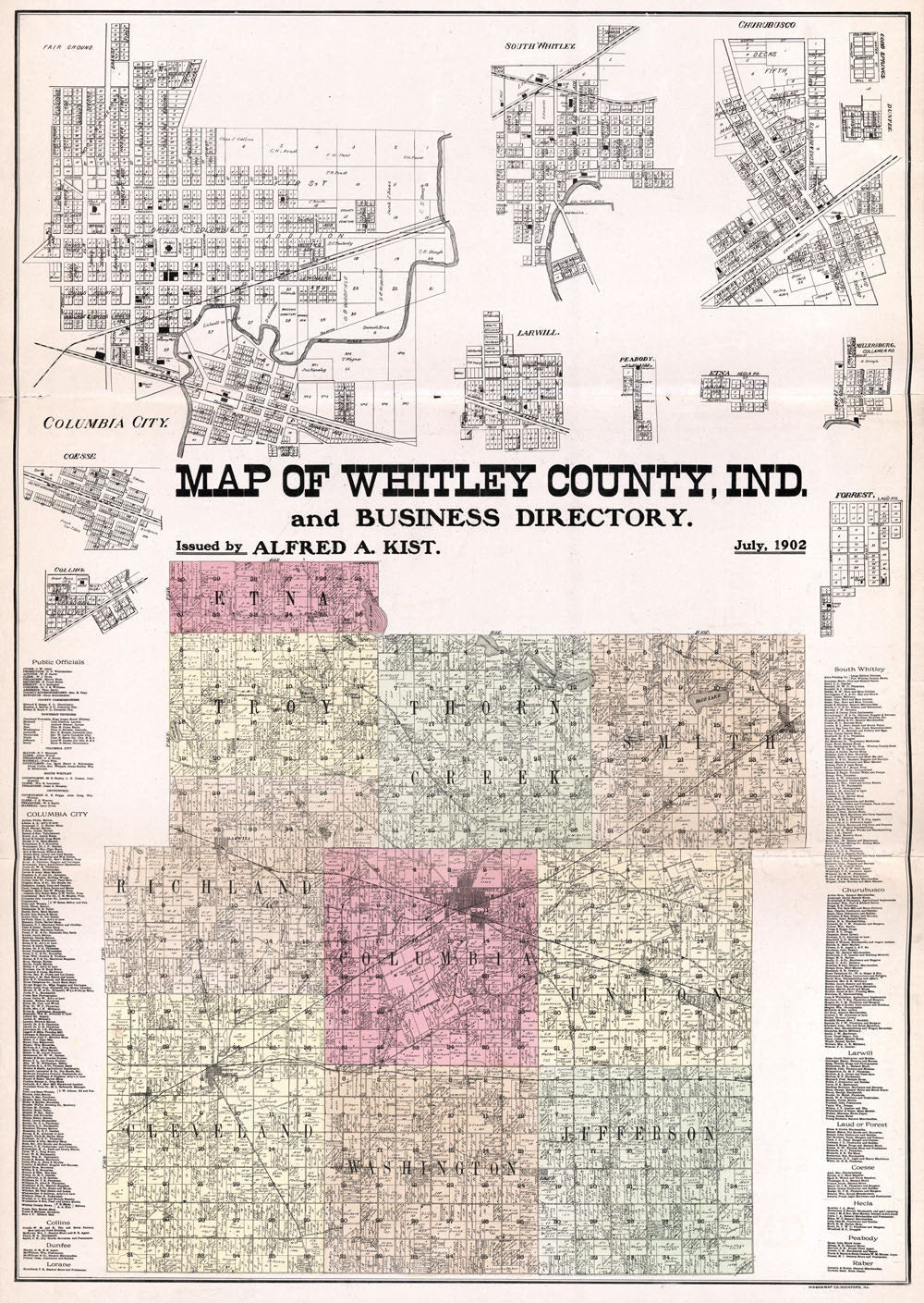 1865 Farm Line Map of Whitley County Indiana Columbia City