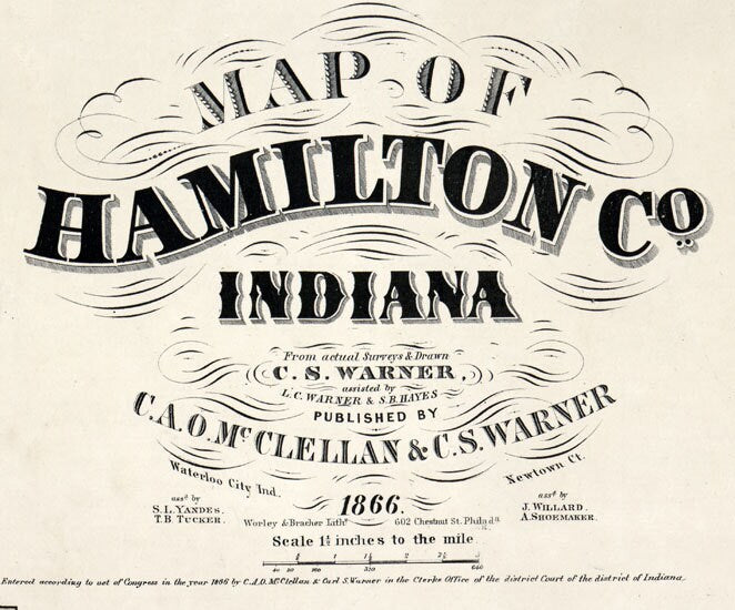 1866 Farm Line Map of Hamilton County Indiana Noblesville