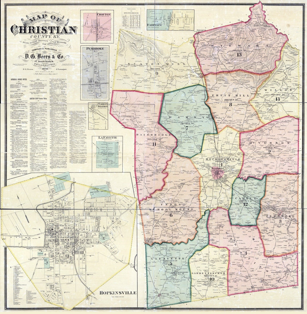 1878 Map of Christian County Kentucky Hopkinsville