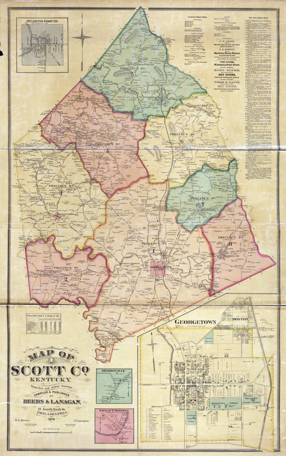 1879 Map of Scott County Kentucky Georgetown