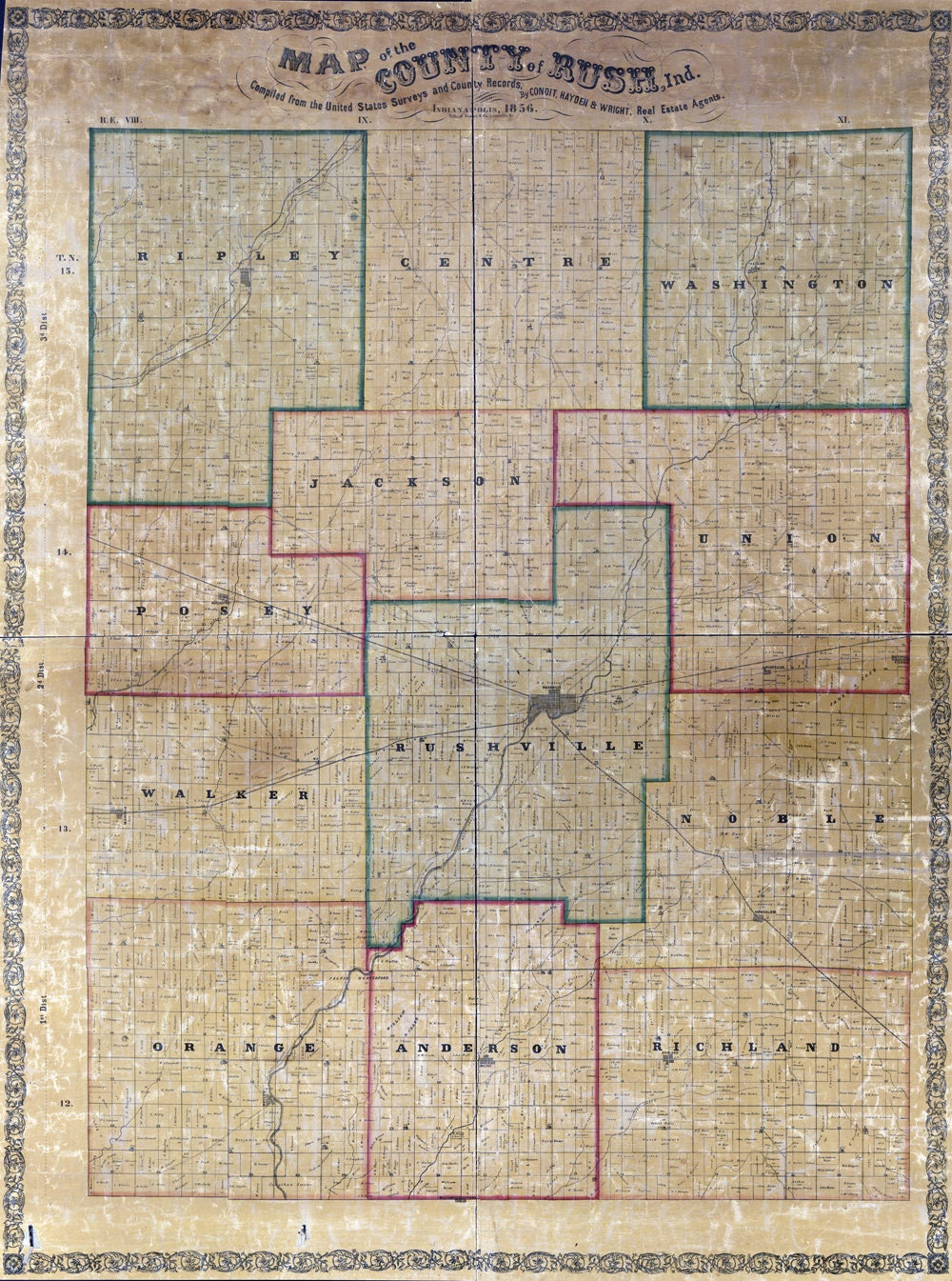 1866 Farm Line Map of Rush County Indiana