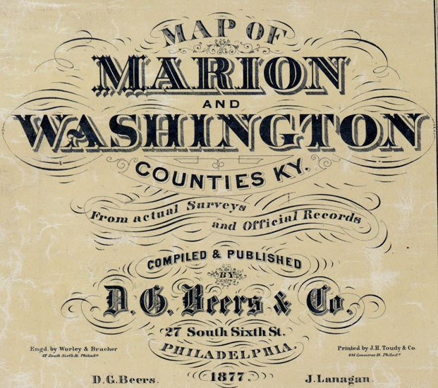 1877 Map of Marion and Washington County Kentucky Lebanon