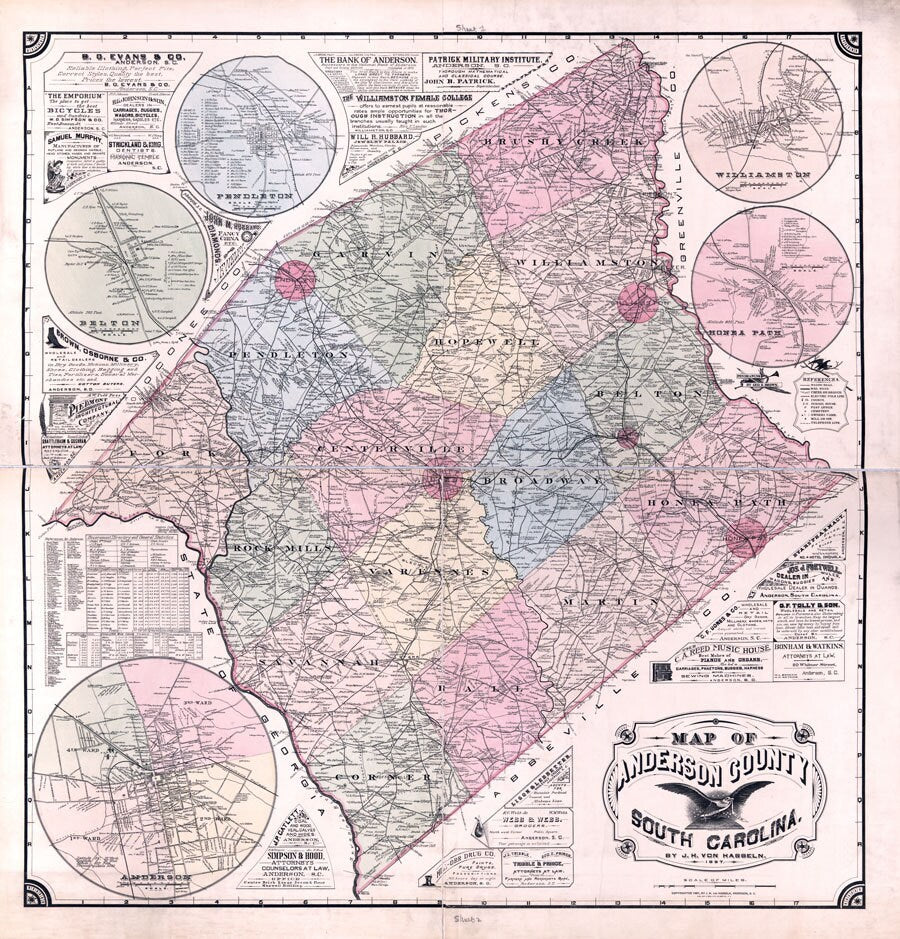 1897 Map of Anderson County South Carolina Family Names