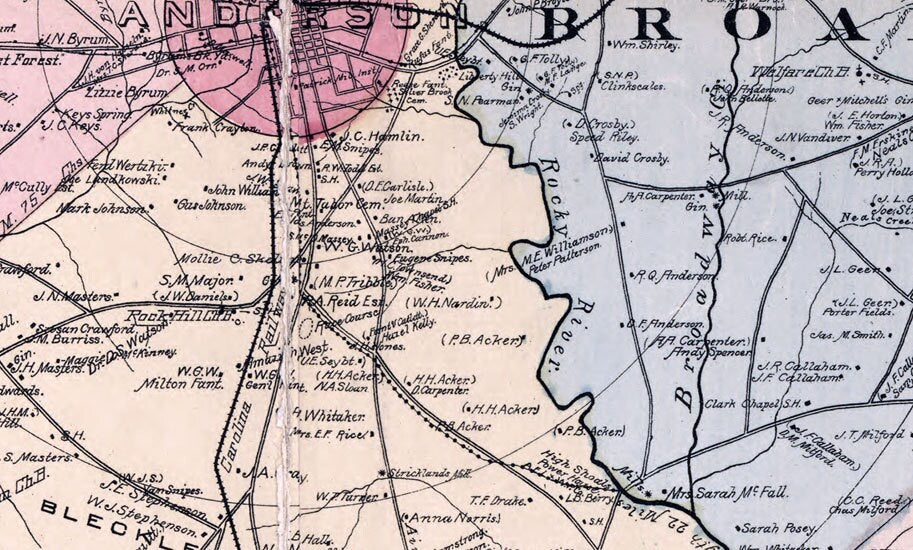 1897 Map of Anderson County South Carolina Family Names