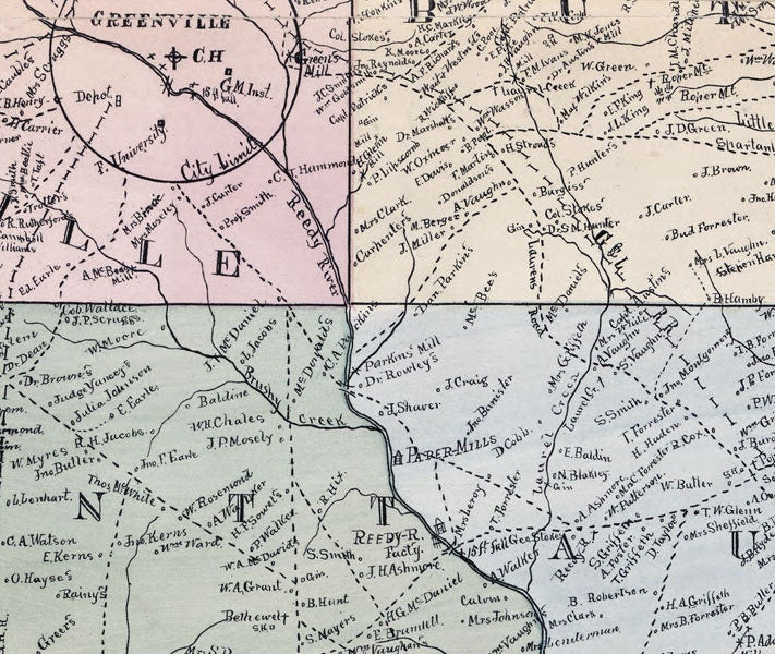 1882 Map of Greenville County South Carolina Family Names