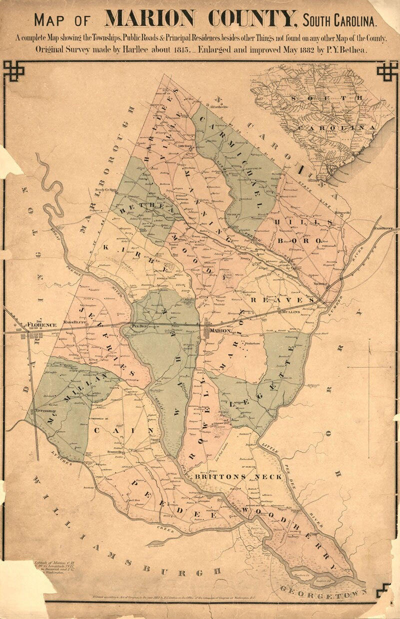 1882 Map of Marion County South Carolina Family Names