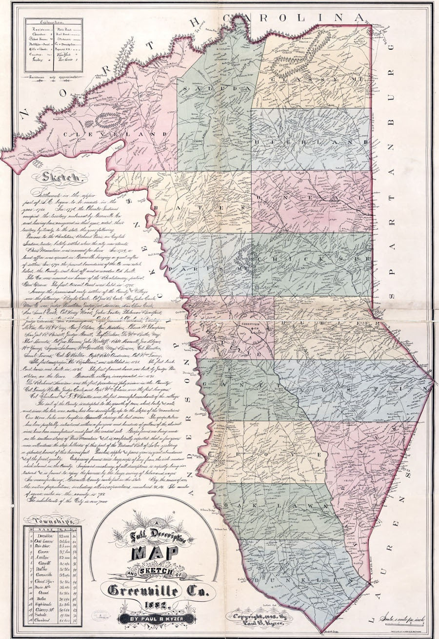 1882 Map of Greenville County South Carolina Family Names