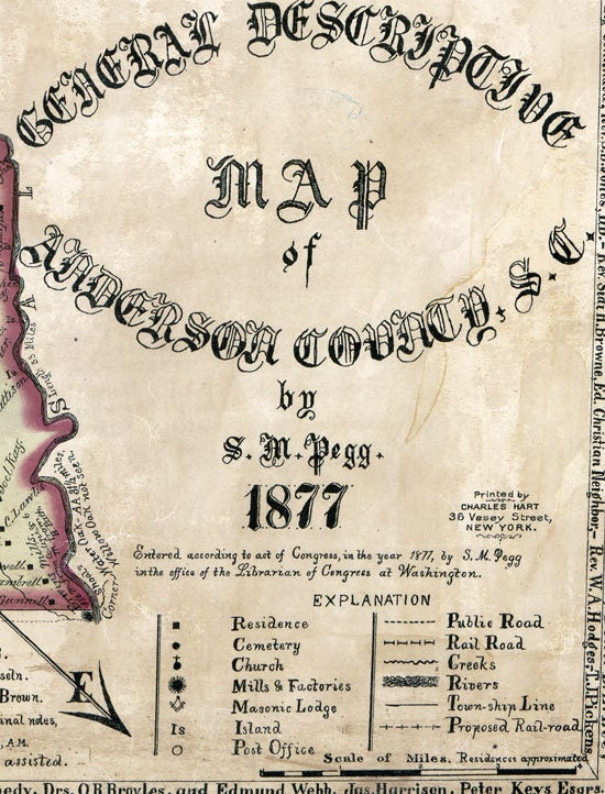 1877 Map of Anderson County South Carolina Family Names