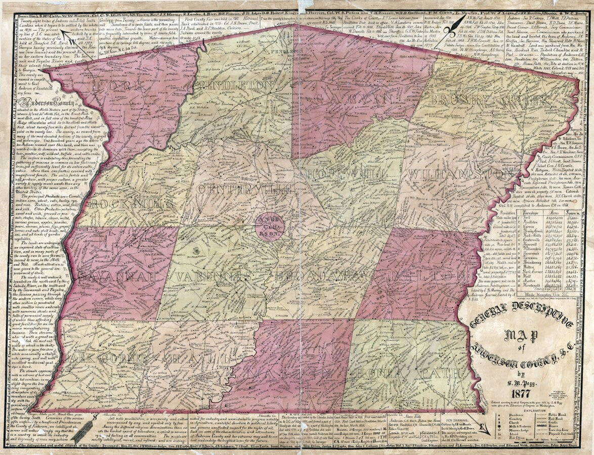 1877 Map of Anderson County South Carolina Family Names