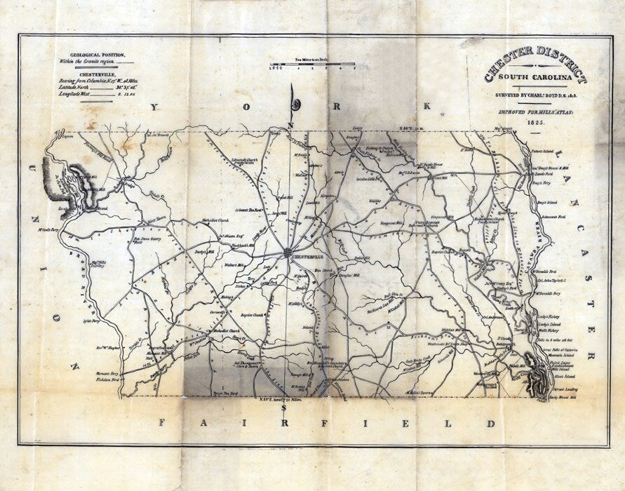 1825 Map of Chester County South Carolina Family Names