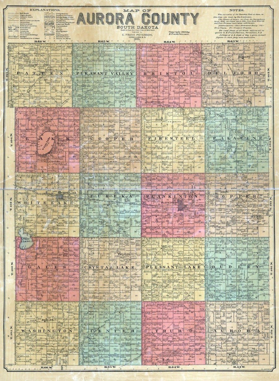 1900 Map of Aurora County South Dakota White Lake